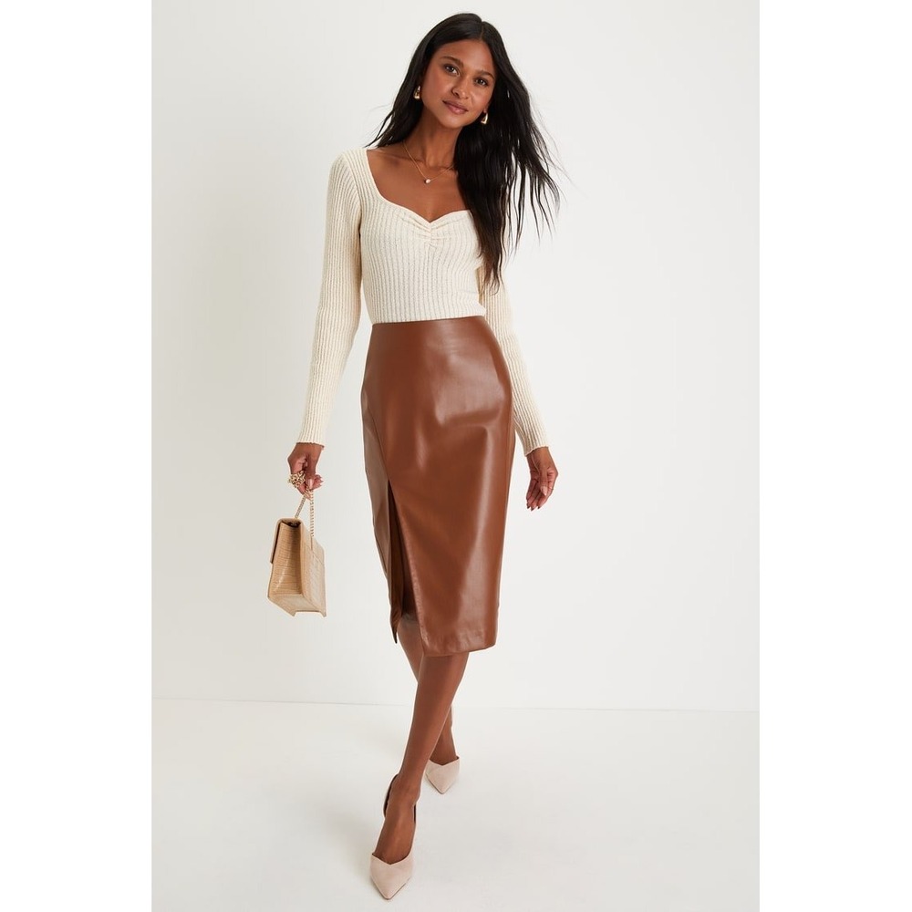 Lulus Cognac Brown Vegan Leather‎ Midi Skirt Front Slit High Waisted XS NEW